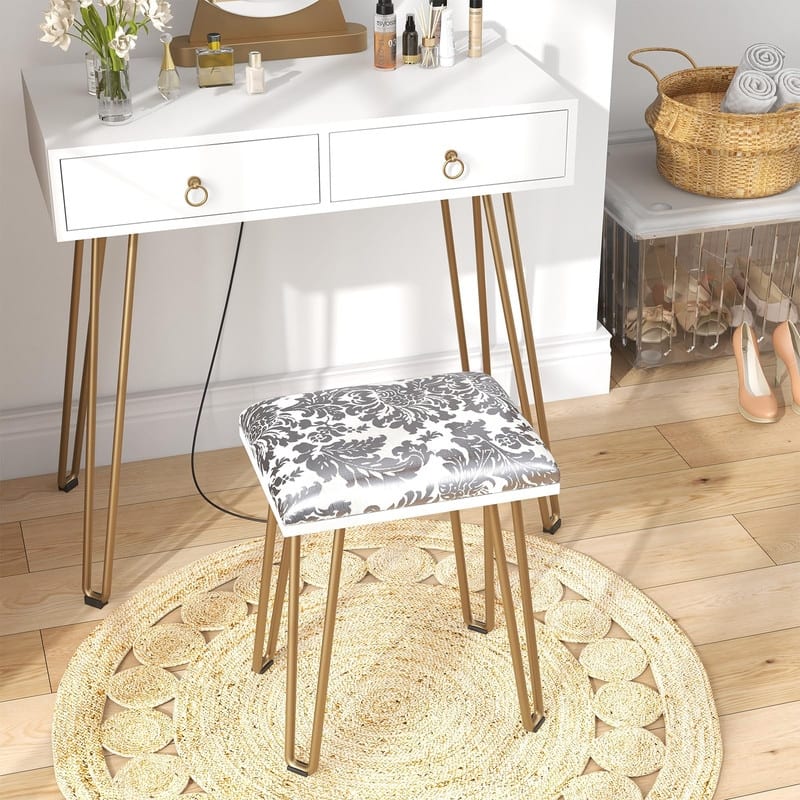 Makeup Vanity Desk with LED Mirror, 2 Drawers, Gold Legs & Padded Stool