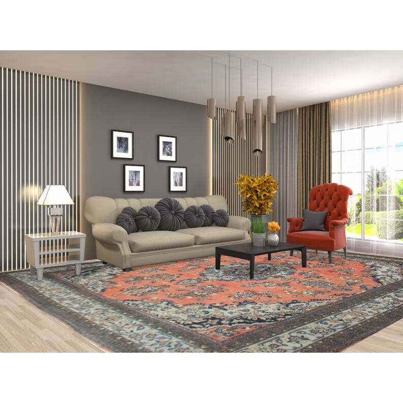 Hand Knotted Oriental 100% Wool Carpet Traditional Floral Coral Hamedan Area Rug - 13' 1'' X 10' 3''