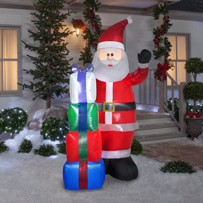 Gemmy Christmas Airblown Inflatable Mixed Media Iridescent and Sequin Santa w/Presents, 7 ft Tall