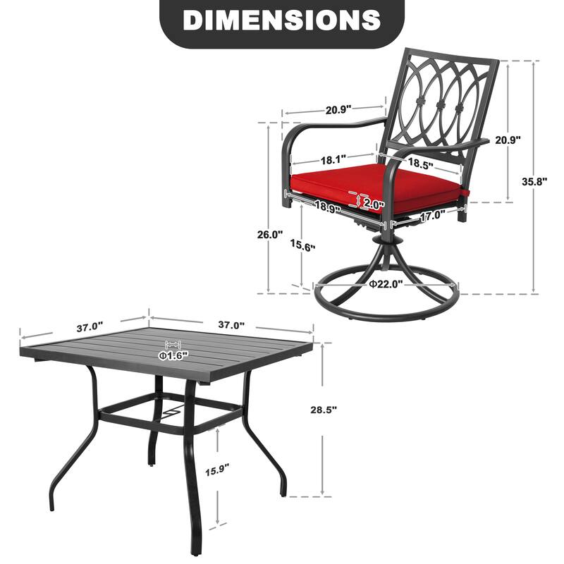 Metal Patio Dining Set with Umbrella Hole, Swivel Chairs with Cushions