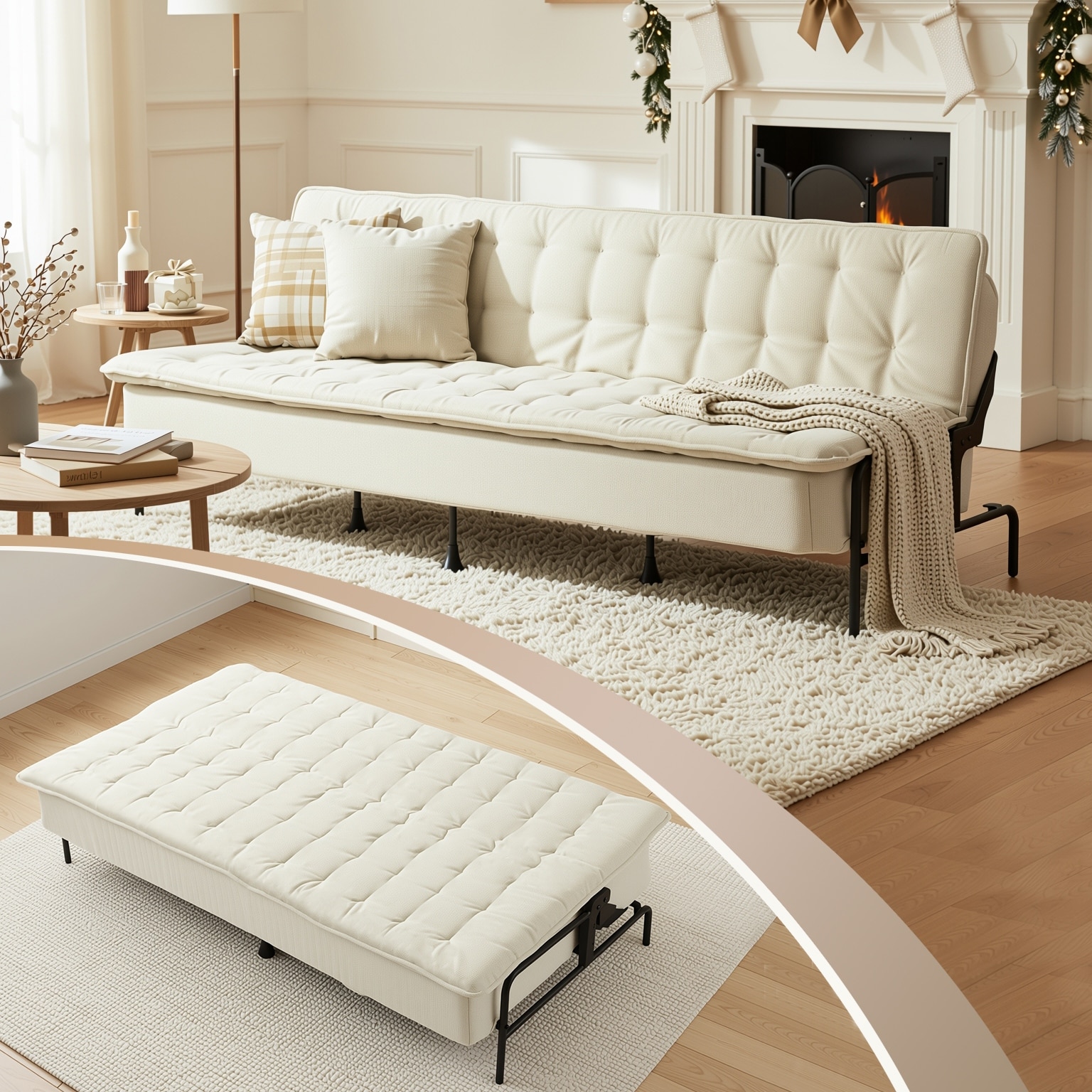 Homy Casa JAKO Convertible Sofa Bed, Beige Futon Couch with Metal Frame