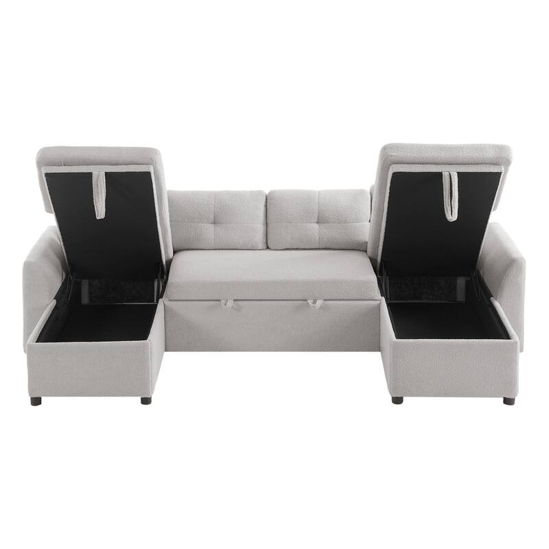 Roomfitters 107 Inch U-Shaped Sectional Sleeper Sofa with Storage Chaise and USB Ports, Teddy Fabric