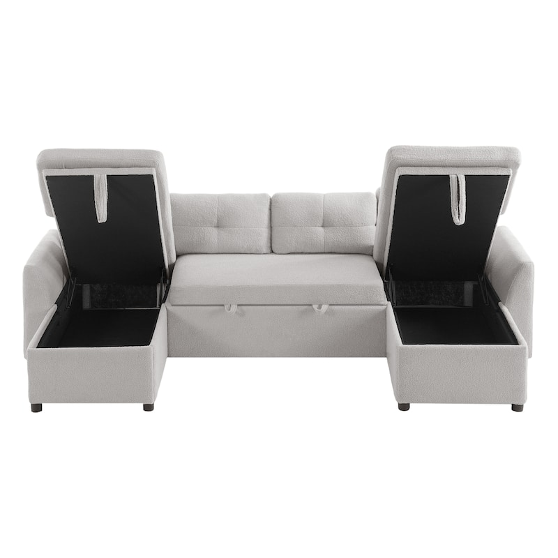 Teddy Fabric Sectional Sofa Convertible Sleeper Sofa Modern U-Shaped Couch Dual Storage Chaise Lounge with Pockets and USB Ports