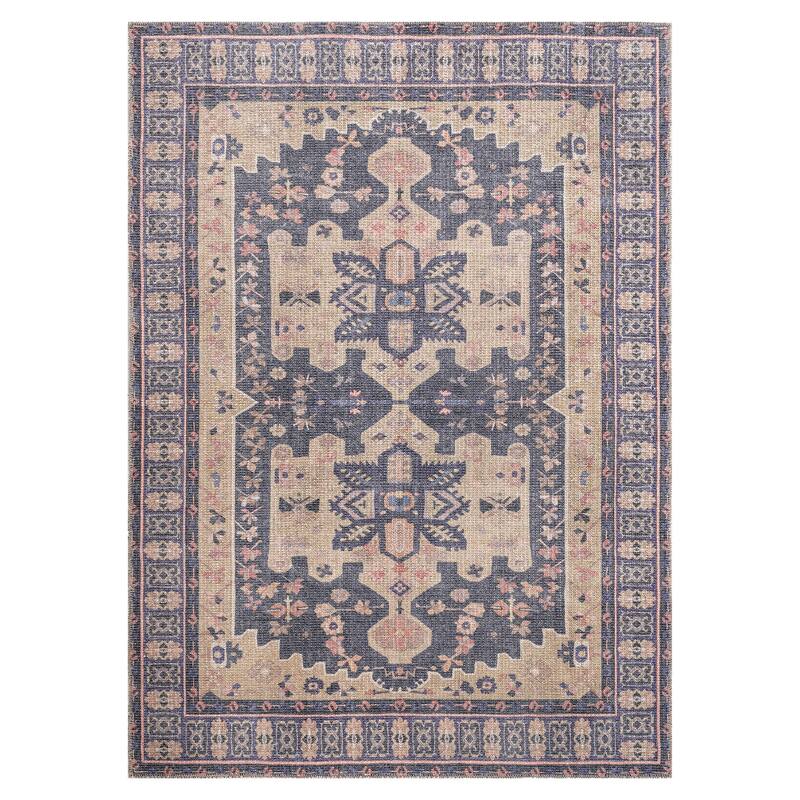 Traditional Transitional Oriental Medallion Border Distressed Textured Cut and Loop Pile Rectangle Area Rug - 7.6x10