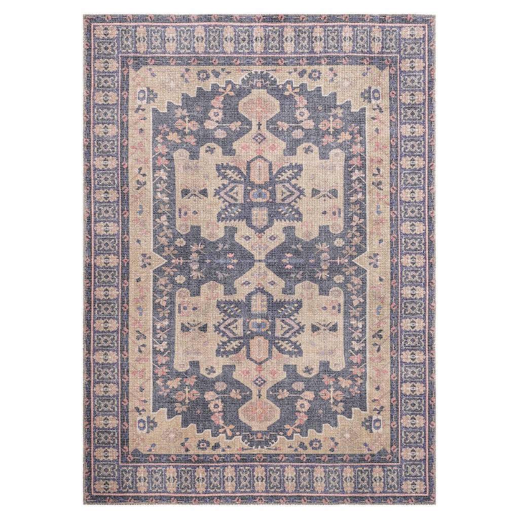 Traditional Transitional Oriental Medallion Border Distressed Textured Cut and Loop Pile Rectangle Area Rug - 7.6x10