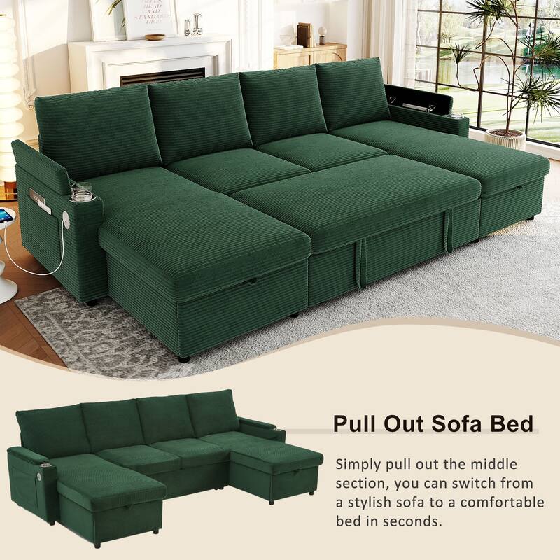 Roomfitters Convertible Sofa Bed 109.5" U-Shaped Sectional Upholstered Sofa with Storage Chaise, Cup Holders and USB Ports