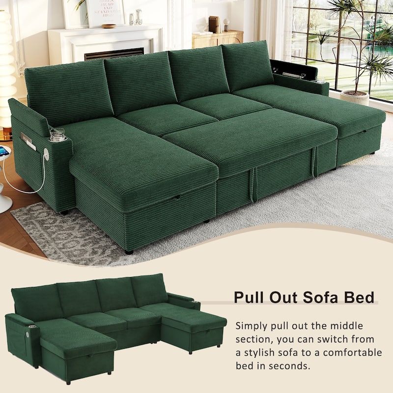 U-Shaped Sectional Sofa Convertible Sleeper Sofa with Dual Storage Chaise Lounges, Cup Holders, USB, Storage Boxes and Pockets - Green