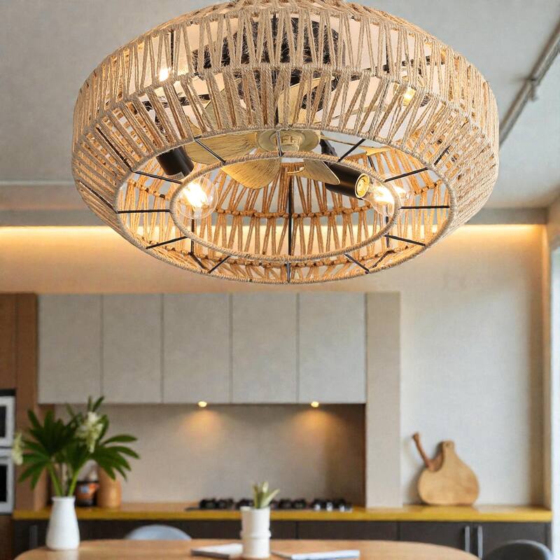 22 Inch Boho Caged Ceiling Fan with Enclosed Rattan Shade, 6-Speed Reversible DC Motor, Remote, E26 Bulb Compatible