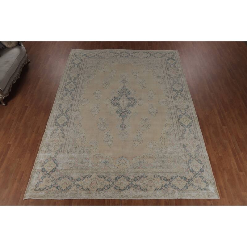 Hand Knotted Oriental 100% Wool Carpet Traditional Floral Beige & Ivories Kerman Area Rug - 14' 1'' X 10' 1''