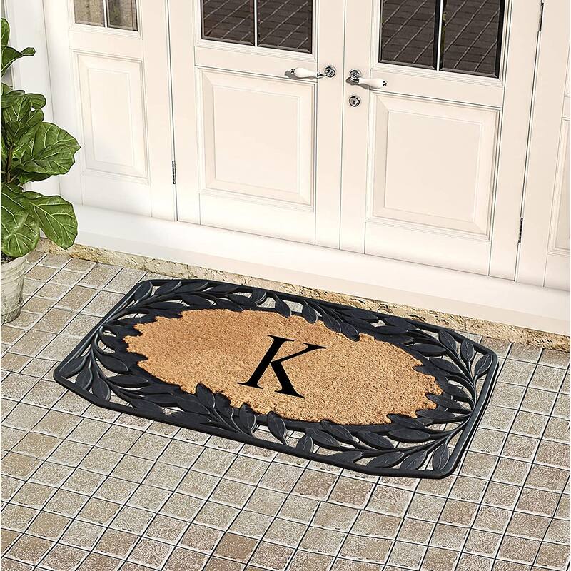 A1HC Rubber and Coir Stylish Leaf Border Large Outdoor Durable Monogrammed Doormat, Black - 23" X 38"