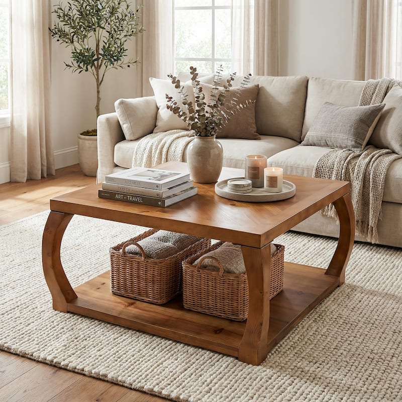 31.49“ Square Solid Wood Coffee Table For Living Room - Brown