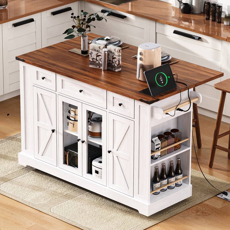 53" Farmhouse Kitchen Island with 2 Tempered Glass Cabinet Doors, Power Outlet, Drop Leaf, 5 Open Side Racks & 3 Drawers