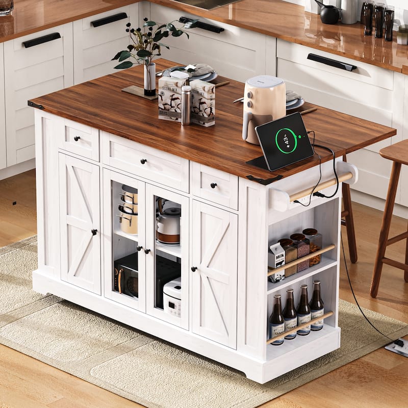Rolling Kitchen Island Farmhouse Kitchen Cart with Folding Table 2 Drawers Adjustable Dining Shelves, for Kitchen