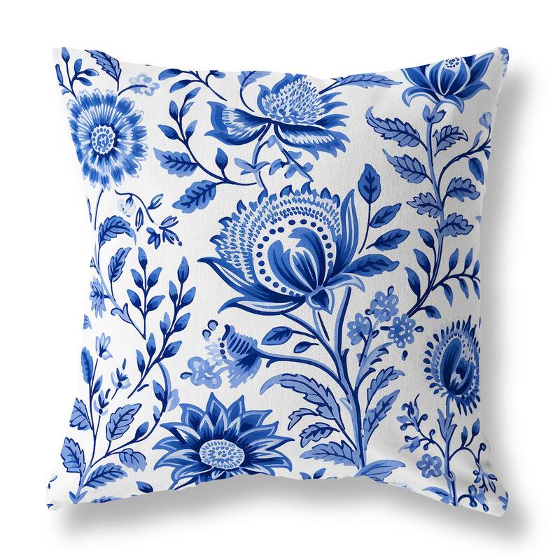 Blue And White Sanganeri Block Print Faux Suede Throw Pillow Zipper