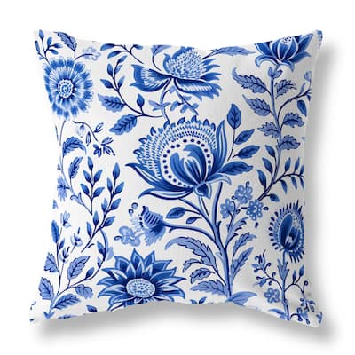 Blue And White Sanganeri Block Print Faux Suede Throw Pillow Zipper