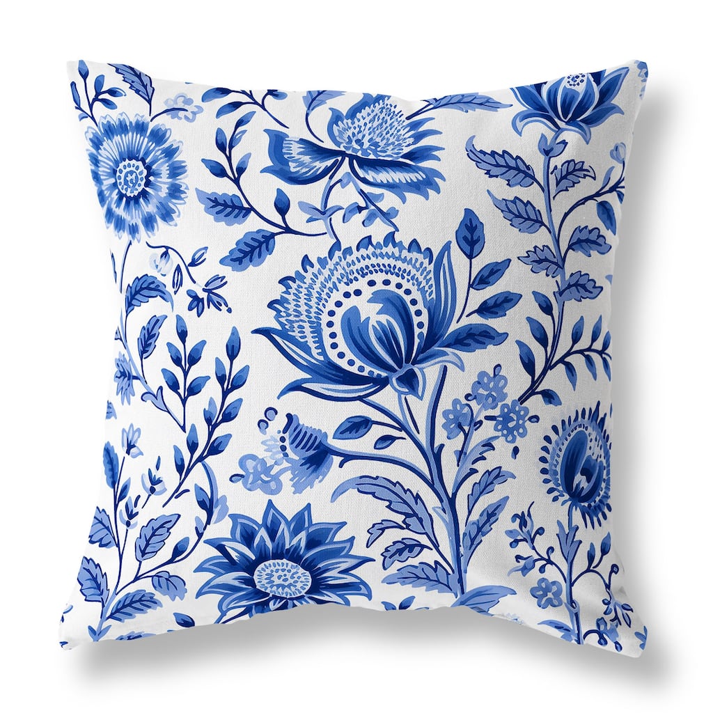 Blue And White Sanganeri Block Print Faux Suede Throw Pillow Zipper
