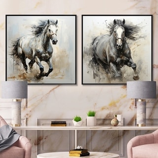Designart "Hooves In Harmony Horse" Animals Horse Framed Art Set Of 2 - Farmhouse Wall Decor Set Black Wall Art 2 Pieces