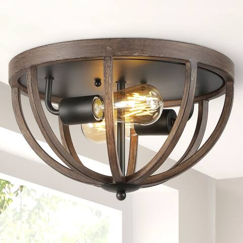 Cheshire 13" 2-Light Iron Rustic Farmhouse LED Flush Mount, Brown by JONATHAN Y