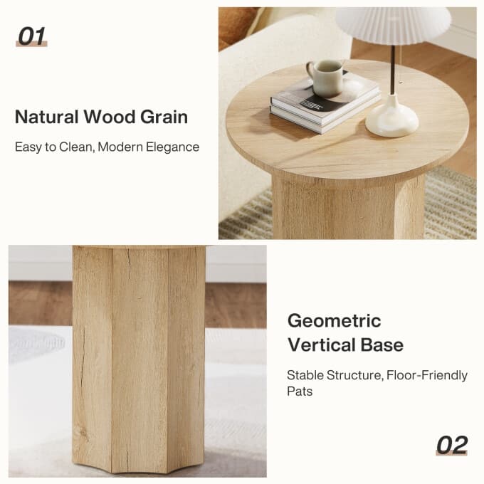 Round Wooden Side Table for Living Room, Bedside - 1PC