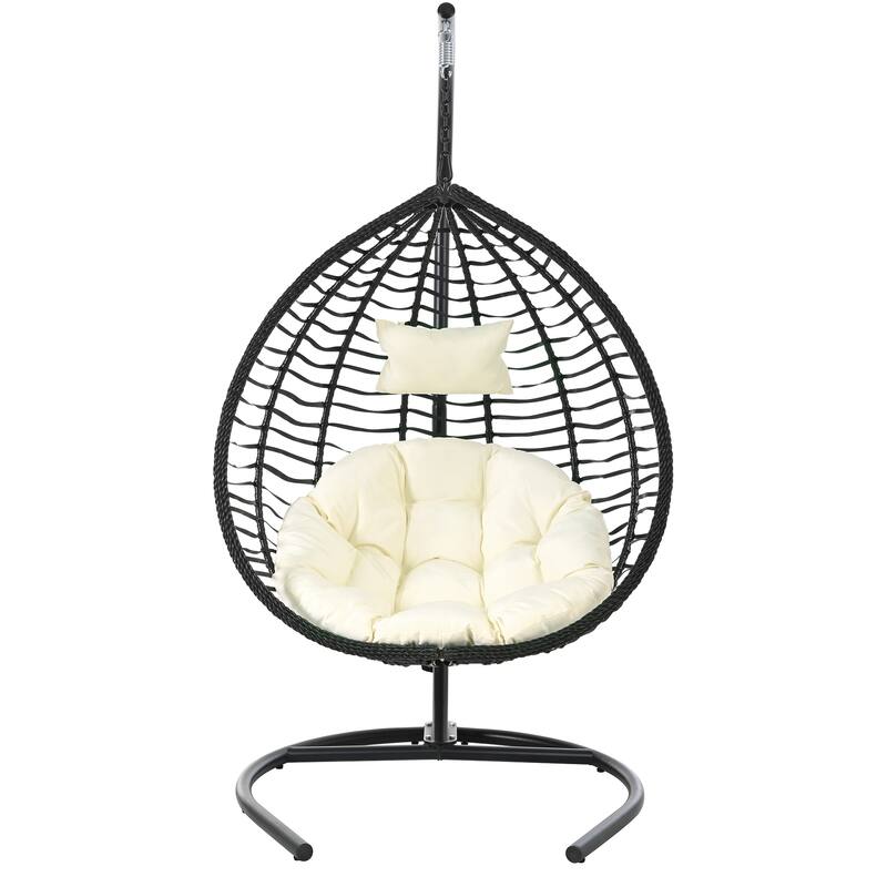 Foldable Rattan Hanging Hammock Chair with Stand and Plush Cushion for Indoor and Outdoor