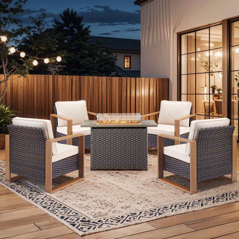 Pocassy Fire Pit Table with Outdoor Sofa Chair Ottoman Set - Brown Wicker Beige Cushion - 5-Piece Patio Chair with Rectangle Fire Table