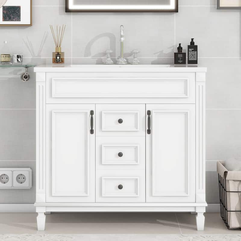 36'' Bathroom Vanity with Top Sink,2 Soft Closing Doors and 2 Drawers - White