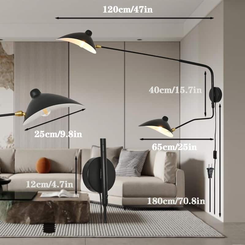 Modern Swing Arm Wall Sconce 2-Light, Plug in Black Wall Sconce - 47*25*21.6IN