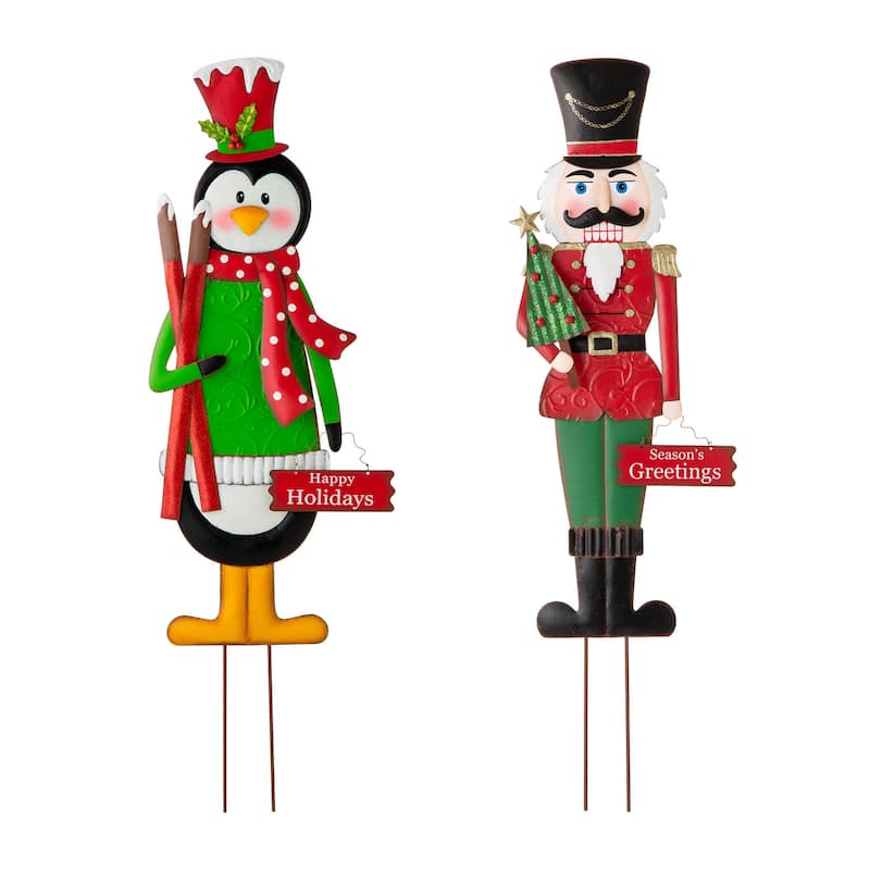 Glitzhome 36"H Christmas Metal Penguin Nutcracker Yardstake Standing Sign Wall Decor