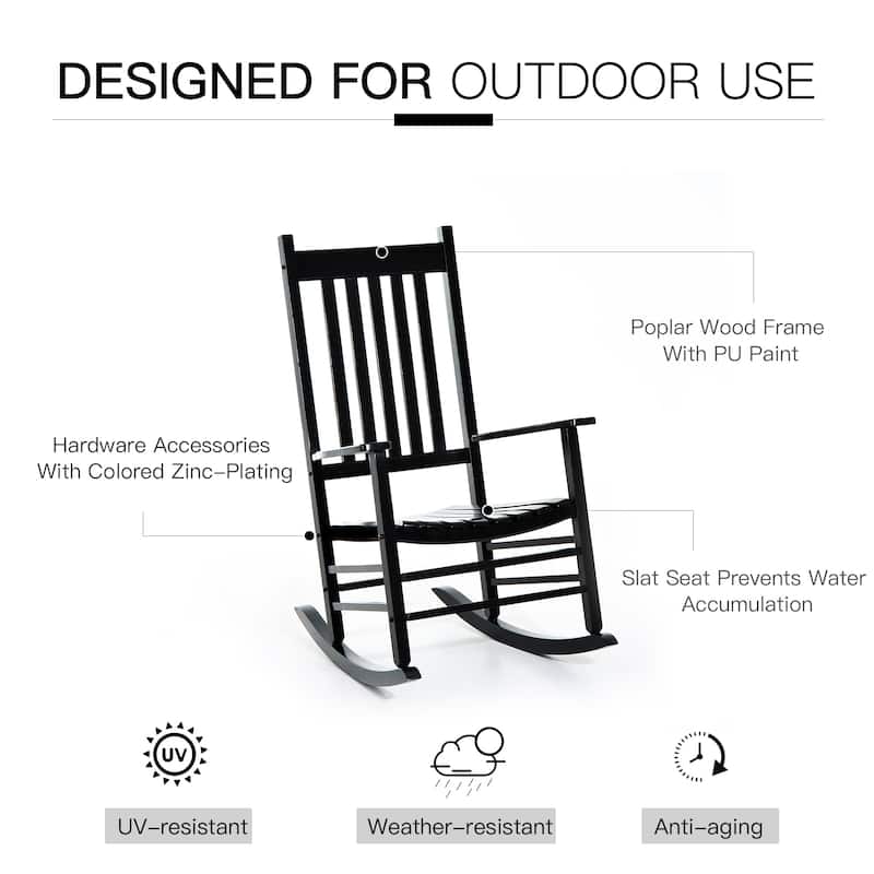 Outdoor Patio Wooden Rocking Chair with Smooth Armrests, High Back for Garden, Balcony, Porch, Supports Up to 352 lbs