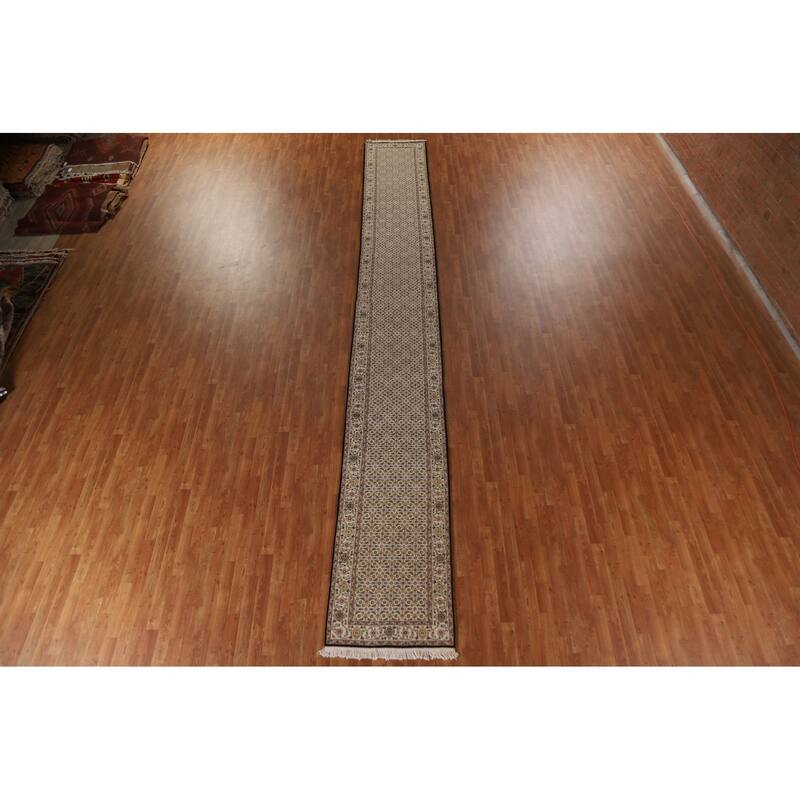 Hand Knotted Oriental Wool & Silk Carpet Traditional Floral Beige & Ivories Tabriz Runner Rug - 20' 4'' X 2' 7''