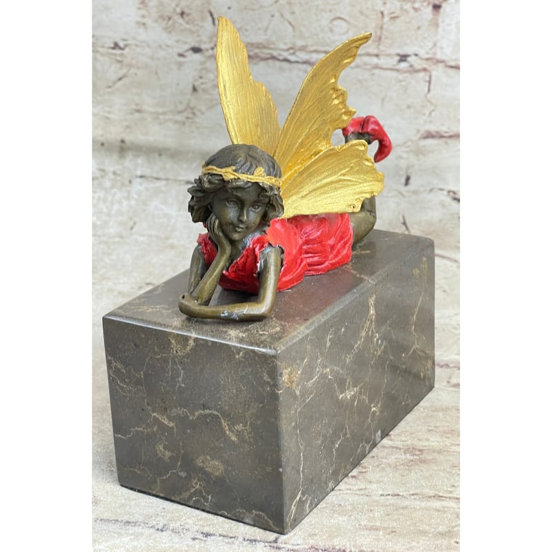 Colorful Resting Fairy Girl Child Bronze Metal Figurine Sculpture On Marble Base