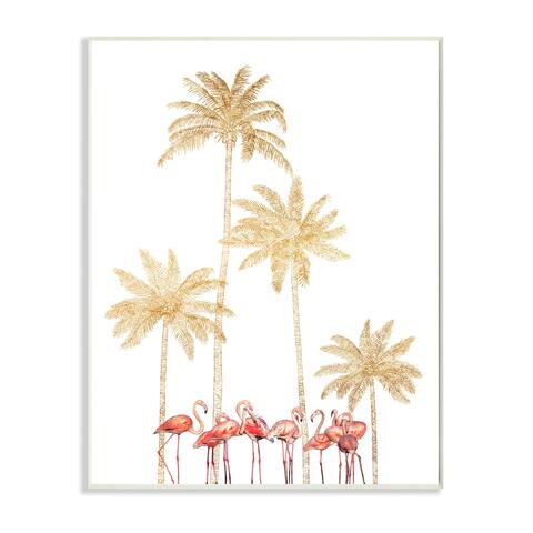 Stupell Industries Pink Flamingos Tropical Gold Outline Palm Trees Wood Wall Art