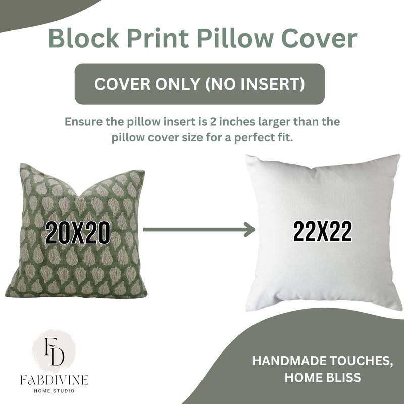 Fabdivine Handmade Green Block Print Floral Thick Linen Pillow Cover for Gift or Fall Living Room Décor Cushioncase, Panchi