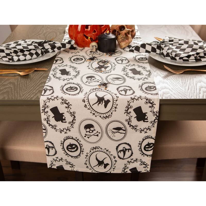 Scary Portraits Cotton Halloween Table Runner - 72" - Ivory and Black