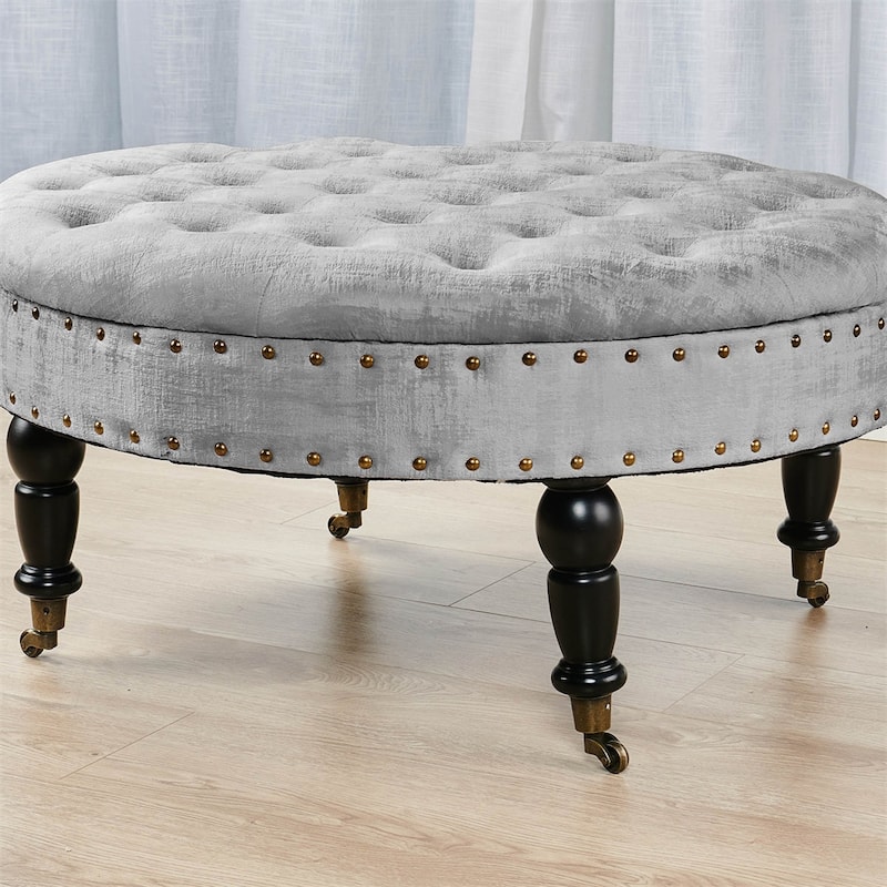 Round Velvet Tufted Coffee Table Ottoman, 34" x 34" x 17" H