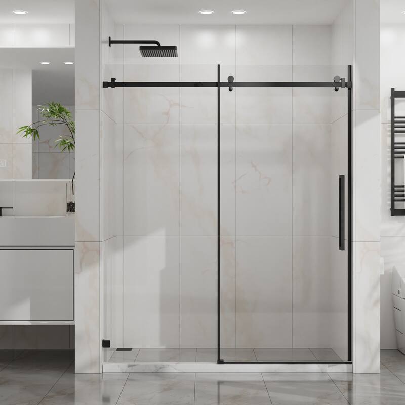 60" W x 72" H Sliding Shower Door, Frameless Sleek Glass Shower Door, 1/4" (6mm) Thick Tempered Clear Glass - Matte Black