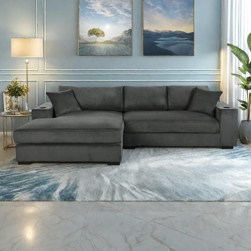 111.5" Corduroy Sectional Sofa with Thick Cushions, Cup Holders & Charging Ports - Grey