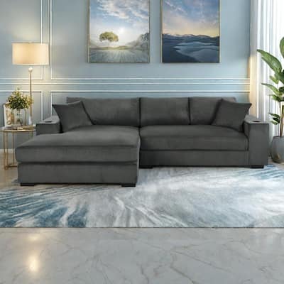 111.5" Corduroy Sectional Sofa with Thick Cushions, Cup Holders & Charging Ports