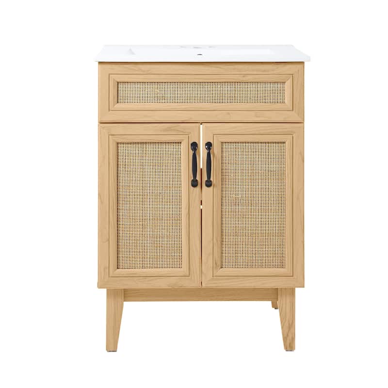 Ancillary Rattan Modern Farmhouse 2-Shelf Bath Vanity Cabinet Only (Sink Basin not Included), by JONATHAN Y - 24 in. - Oak