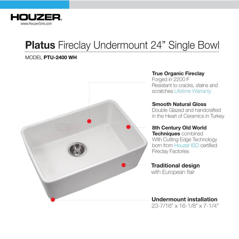 Houzer PTU-2400-C Platus 23-7/16" Undermount Single Basin Fireclay