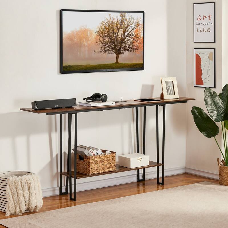 Console Table with Outlets for Entryway, Sofa Table with Wood Shelves, Industrial Entryway Table Foyer Table
