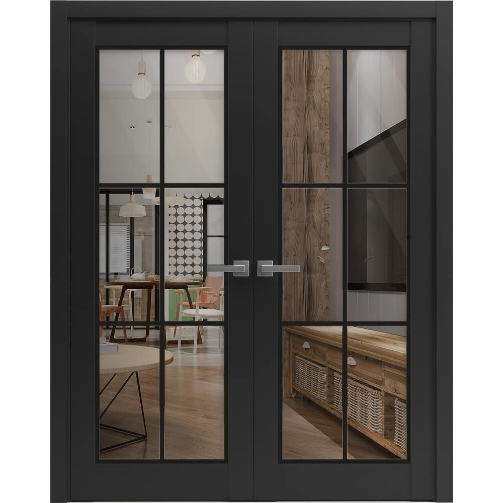 Solid French Double Doors 36 x 80 Lucia 2366 Matte Black Clear Glass
