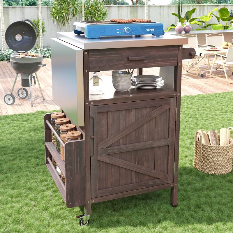 40.5" Outdoor Grill Cart with Stainless Steel Top, Drop Leaf, One Drawer, Towel Rack, Rolling Kitchen Cart with Lockable Wheels