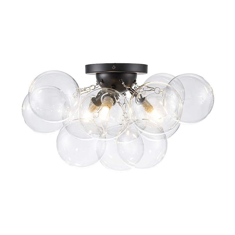 3-Light Clear Glass Globe Bubble Semi Flush Chandelier - Brass 18in