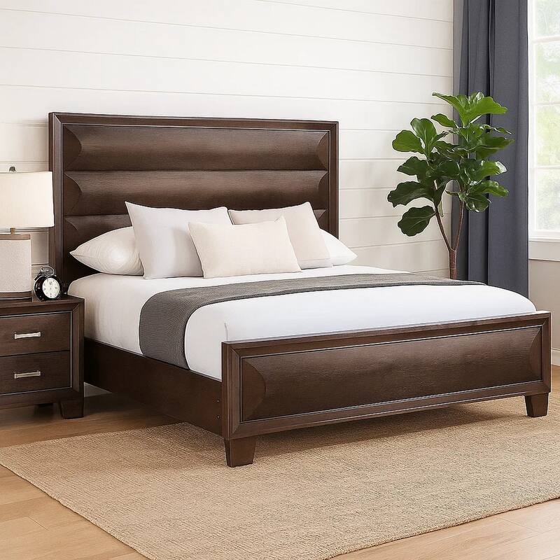 Nitz Queen Bed, Paneled Headboard with Beveled Fronts, Espresso Brown Wood