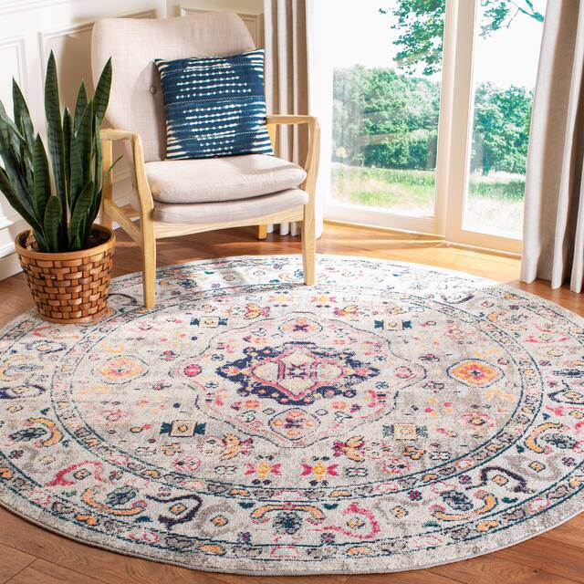 SAFAVIEH Madison Andra Boho Oriental Distressed Rug - 3' x 3' Round - Grey/Blue