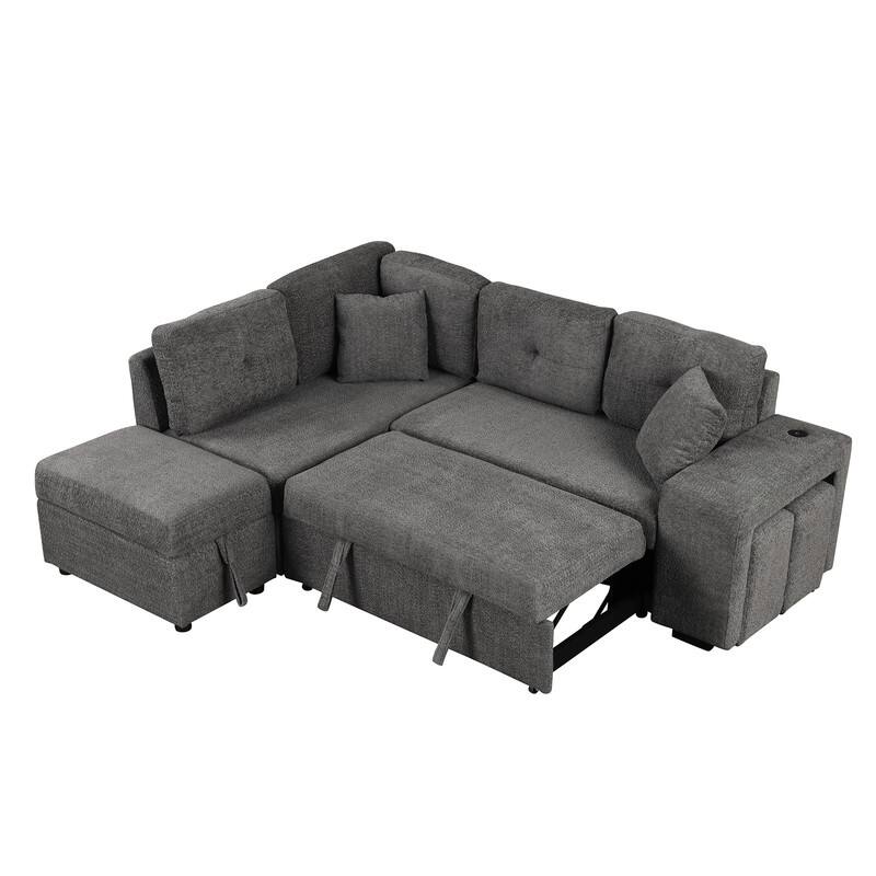 87.7" Modern Sectional Sofa with Pull Out Bed, Convertible Sleeper Sofa with Storage Ottoman,Stools and Pillows