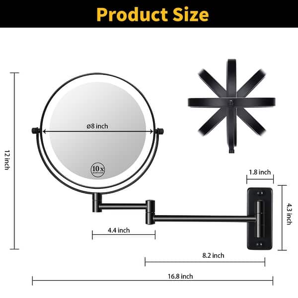 dimension image slide 1 of 5, 8 inch Double-Sided Wall Mounted 10X LED Magnifying Bathroom Mirror