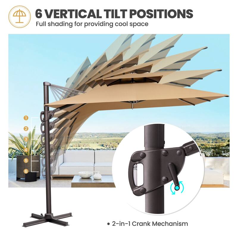 9 x 12 ft Double Top Patio Cantilever Umbrella with Base, 360-degree Rotation