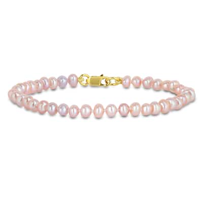 Miadora 3-4mm Pink Cultured Freshwater Pearl Bracelet Yellow Silver Clasp